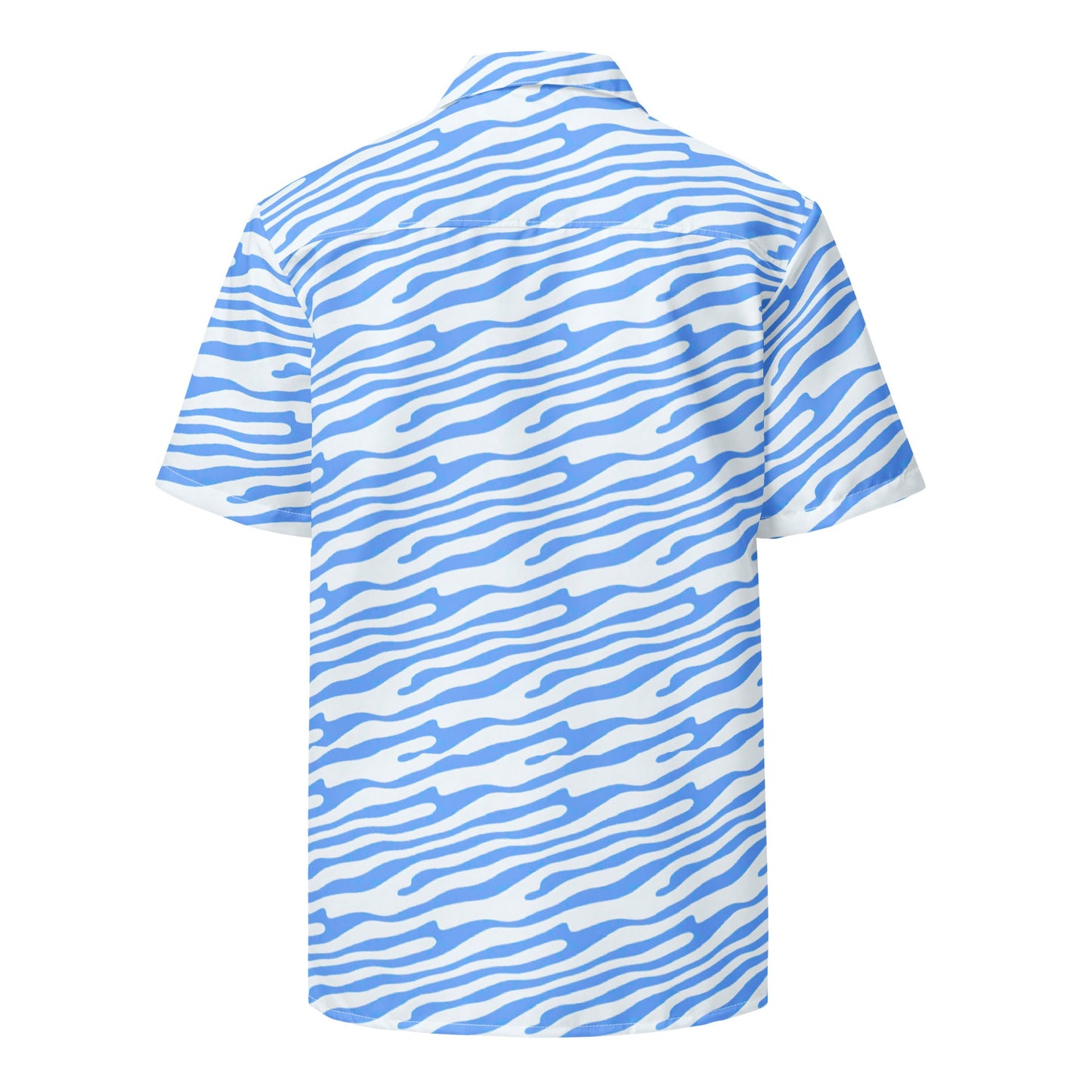Ocean blue button-up shirt by BACKUPMYFILESNOW.COM® displayed on a hanger, showcasing the collar and front buttons.