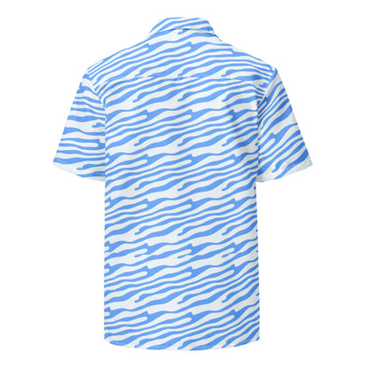 Ocean blue button-up shirt by BACKUPMYFILESNOW.COM® displayed on a hanger, showcasing the collar and front buttons.