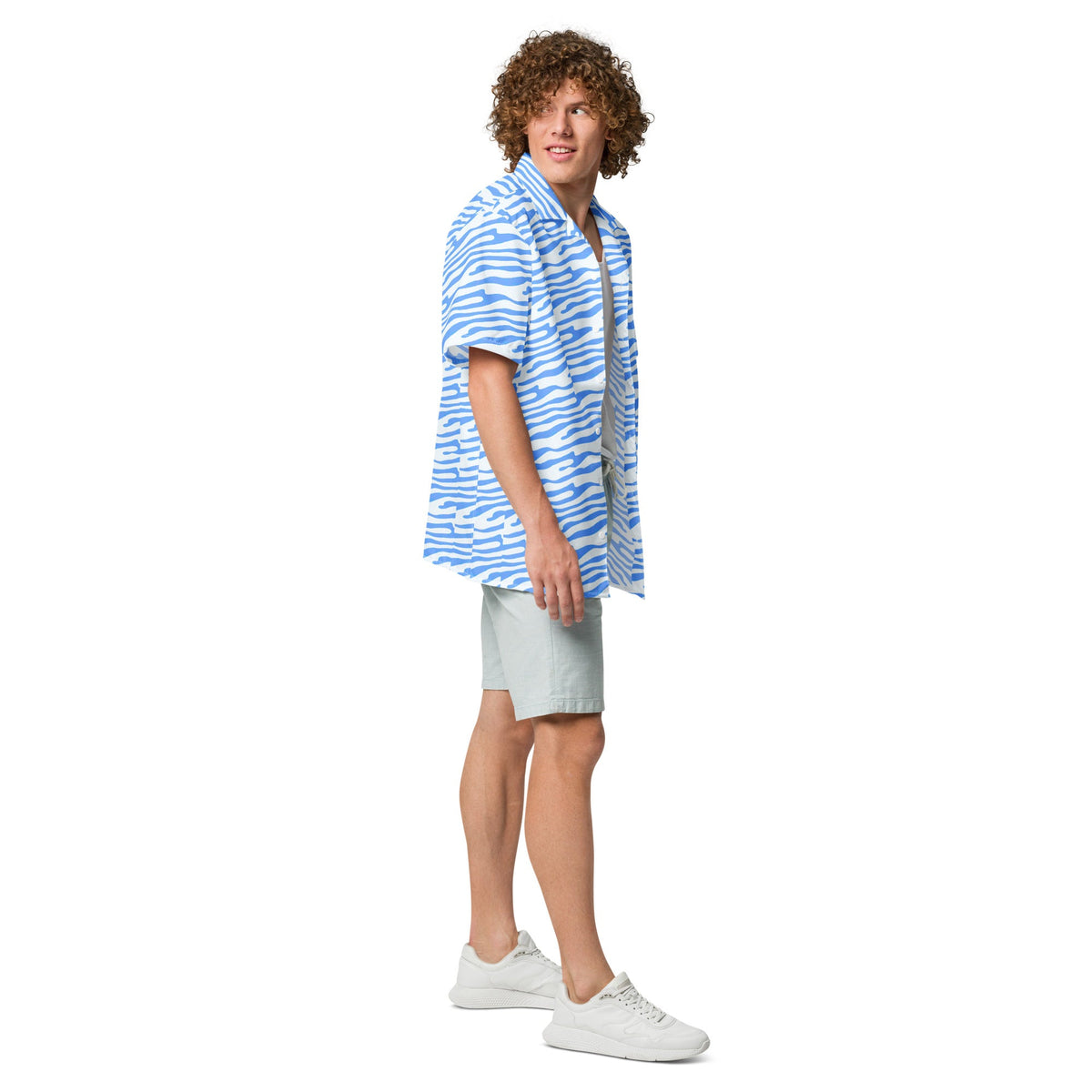 Ocean blue button shirt from BACKUPMYFILESNOW.COM® with a classic collar and button-down front, displayed on a hanger.