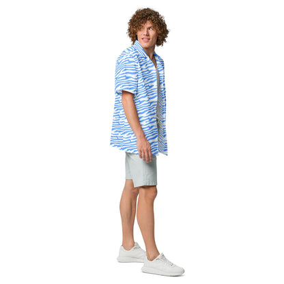 Ocean blue button shirt from BACKUPMYFILESNOW.COM® with a classic collar and button-down front, displayed on a hanger.