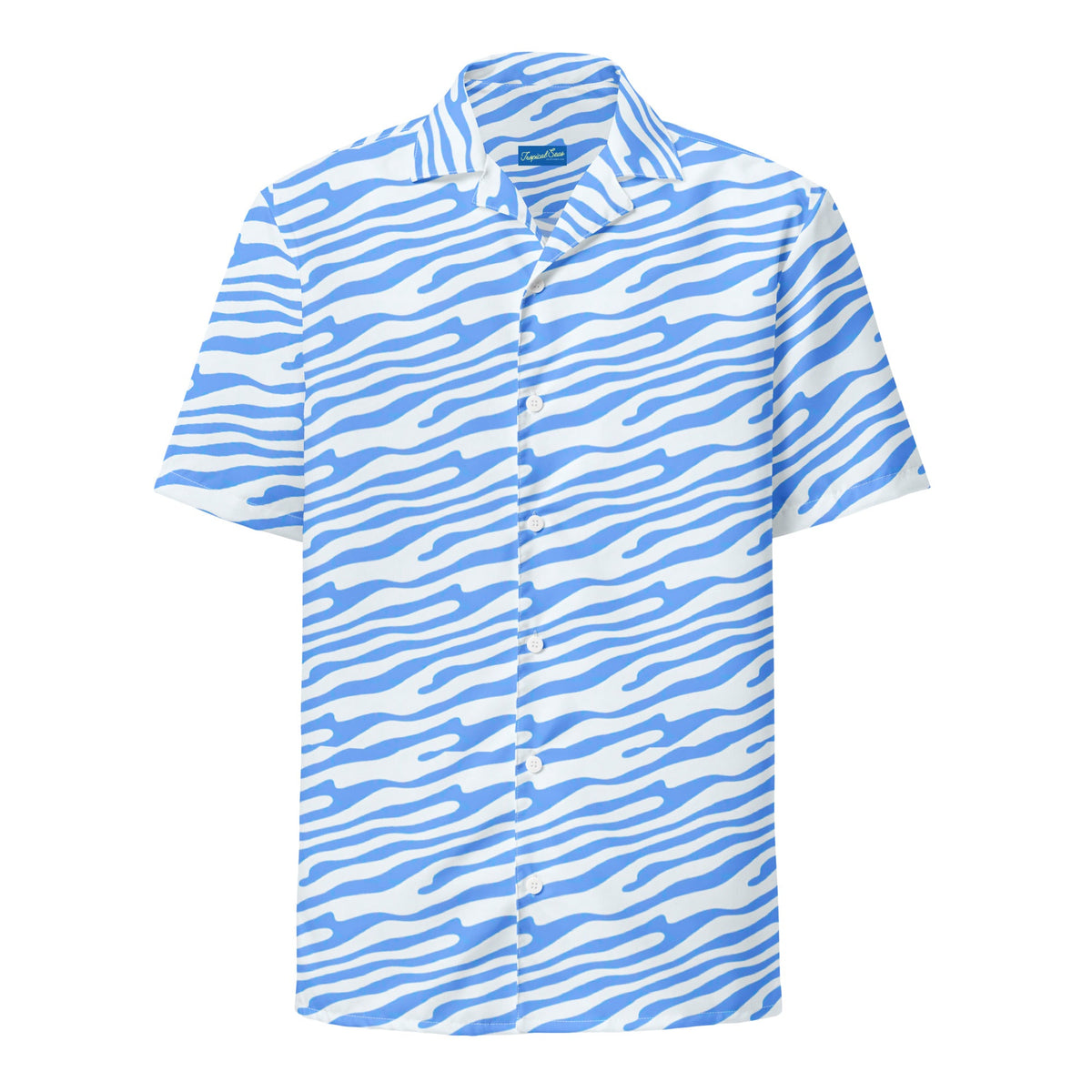 Ocean blue button shirt by BACKUPMYFILESNOW.COM® displayed on a hanger, featuring a classic collar and long sleeves.