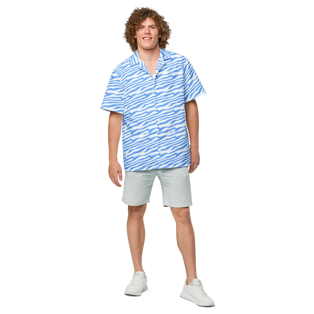 Ocean blue button shirt from BACKUPMYFILESNOW.COM®, featuring a collared design and front buttons, displayed on a hanger.