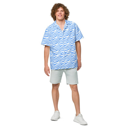 Ocean blue button shirt from BACKUPMYFILESNOW.COM®, featuring a collared design and front buttons, displayed on a hanger.