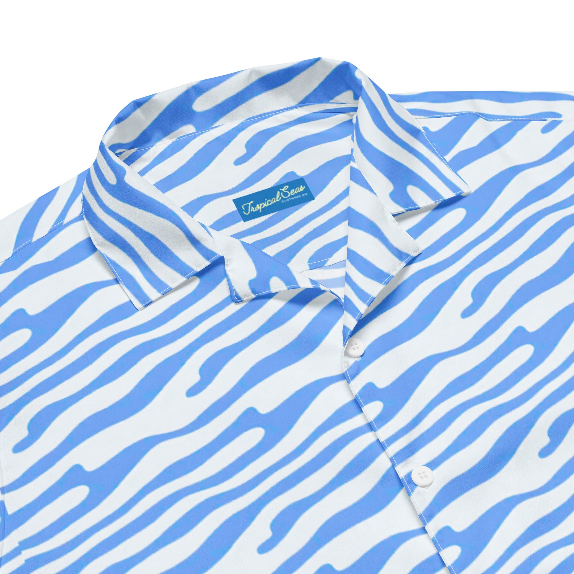 Ocean blue button-up shirt by BACKUPMYFILESNOW.COM® displayed on a hanger with a classic collar and long sleeves.