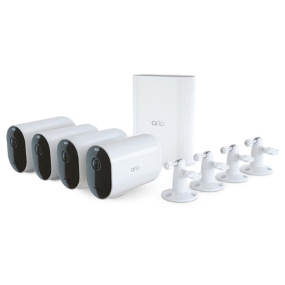 Renewed Arlo Pro 4 XL Spotlight 4-camera security bundle with outdoor cameras and mounting hardware, designed for home security.