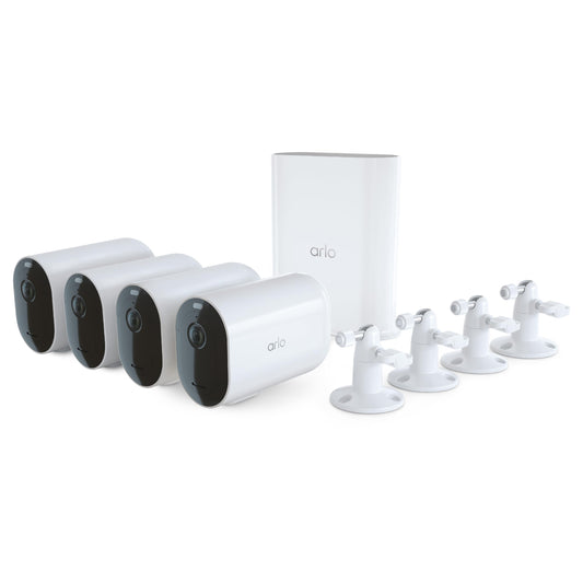 Bundle of four Arlo Pro 4 XL Spotlight security cameras in a renewed 4-camera security bundle for home surveillance.