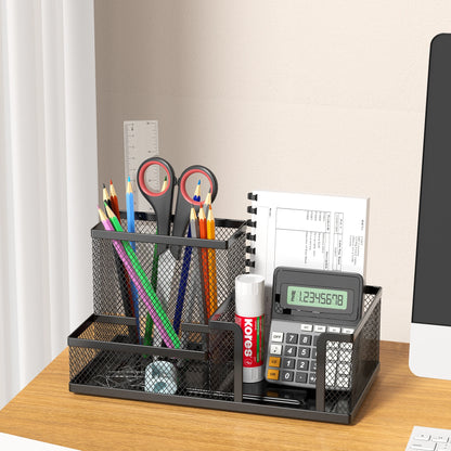 Black mesh desk organizer with three compartments, pencil holder, and storage baskets for office supplies and desktop accessories.