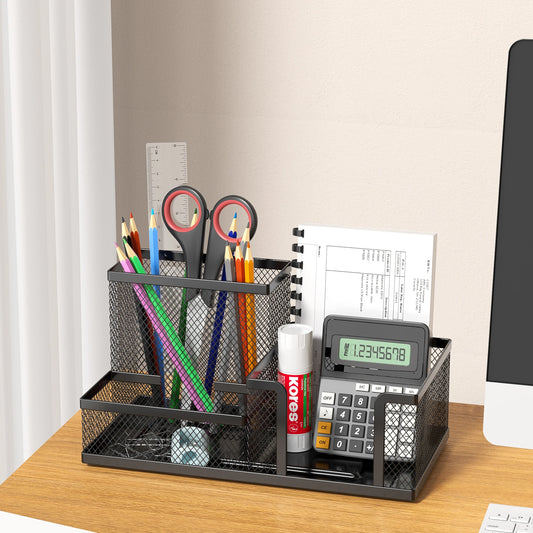 Black mesh desk organizer with three compartments, pencil holder, and storage baskets for office supplies and desktop accessories.