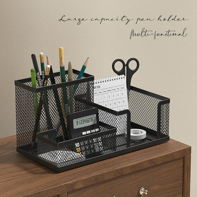 Black mesh desk organizer with three compartments, pencil holder, and storage baskets for office supplies and desktop accessories.