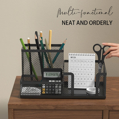 Black mesh desk organizer with three compartments, pencil holder, and storage baskets for desktop office supplies.