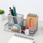Black mesh desk organizer with 3 compartments, pencil holder, and storage baskets for office supplies and desktop accessories.