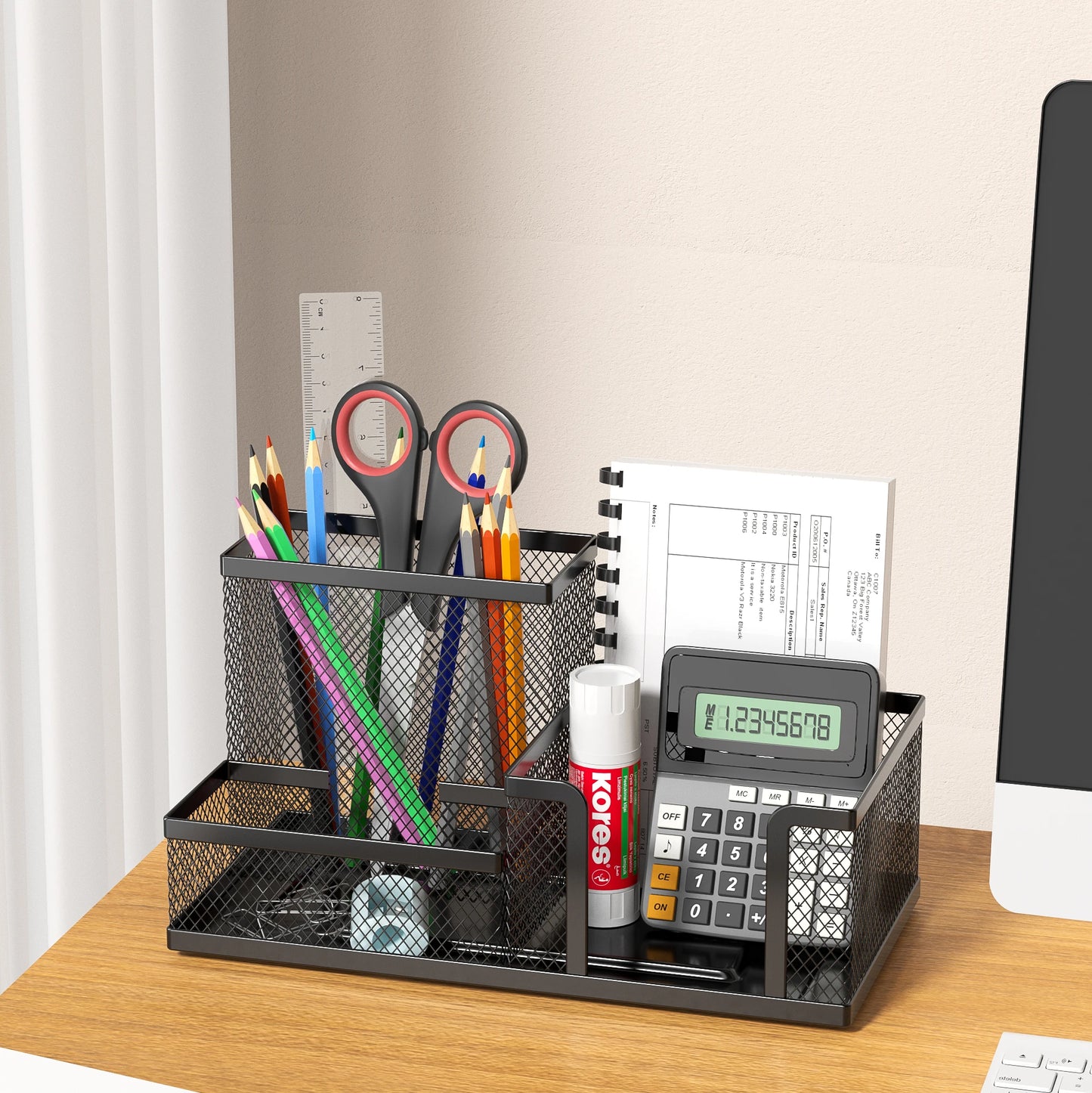 Black mesh desk organizer with 3 compartments, pencil holder, and storage baskets for office supplies and desktop accessories.