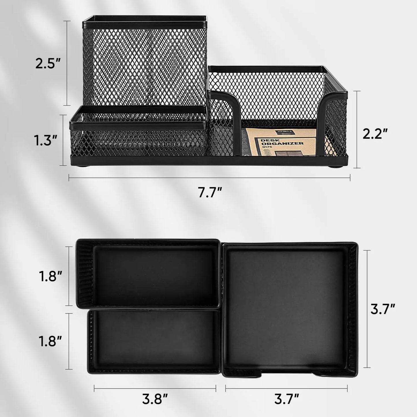 Black mesh desk organizer with three compartments, pencil holder, and storage baskets for office supplies and desktop accessories.