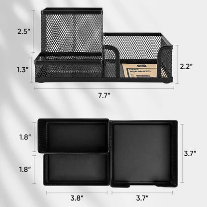 Black mesh desk organizer with three compartments, pencil holder, and storage baskets for office supplies and desktop accessories.