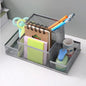Black mesh desk organizer with three compartments, pencil holder, and storage baskets for office supplies and desktop accessories.