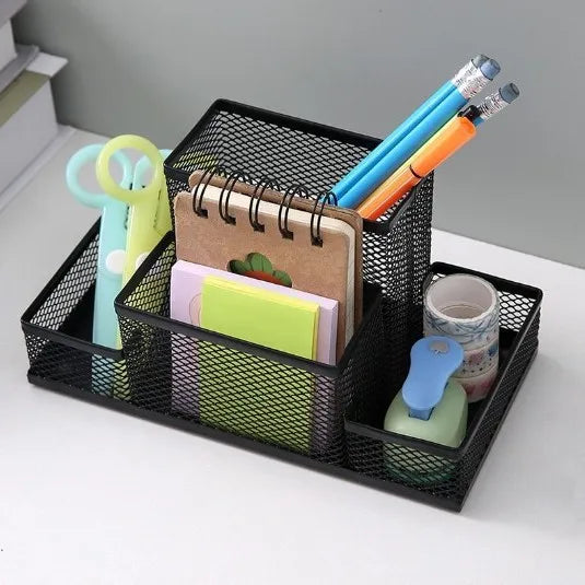 Black mesh desk organizer with three compartments, pencil holder, and storage baskets for office supplies and desktop accessories.