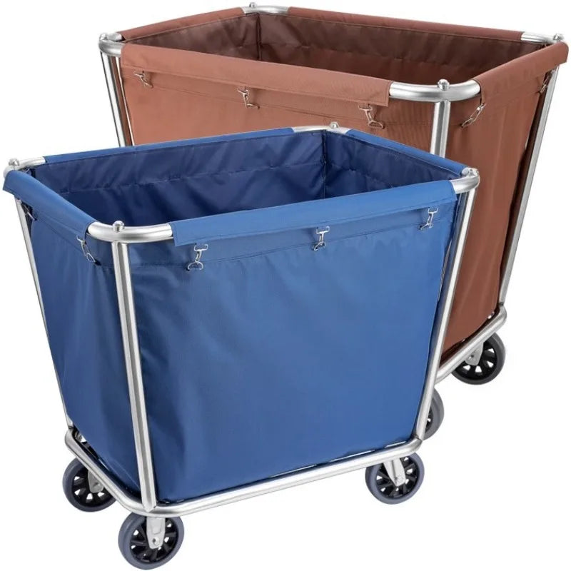Stainless steel hotel linen cart with cloth bag, thickened, silent, and multifunctional for cleaning rooms or transport.