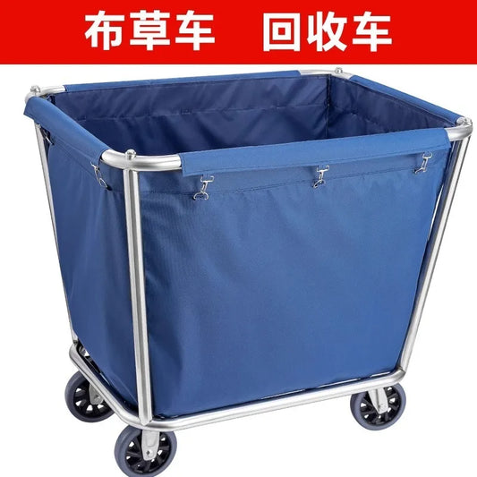 Stainless steel hotel linen cart with cloth bag, thickened and silent, used for cleaning rooms and transporting linens.