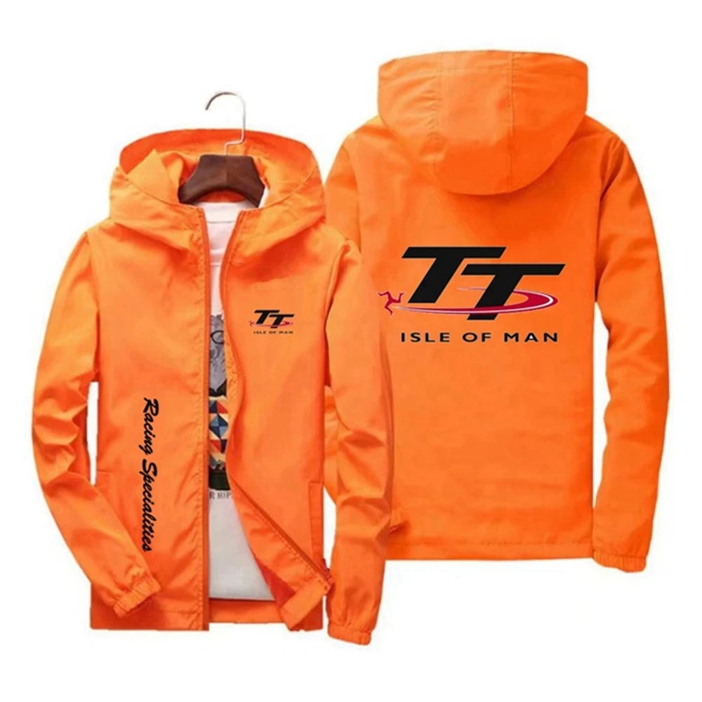 Men's windproof hooded outdoor jacket with zipper, quick-drying fabric, suitable for spring and autumn sports and fishing activities.