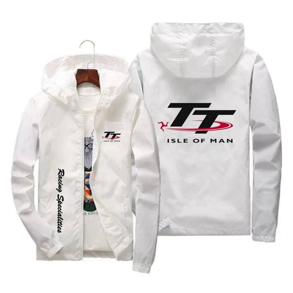 Men's windproof hooded outdoor fishing jacket with zipper, quick-drying fabric, suitable for spring and autumn sports activities.