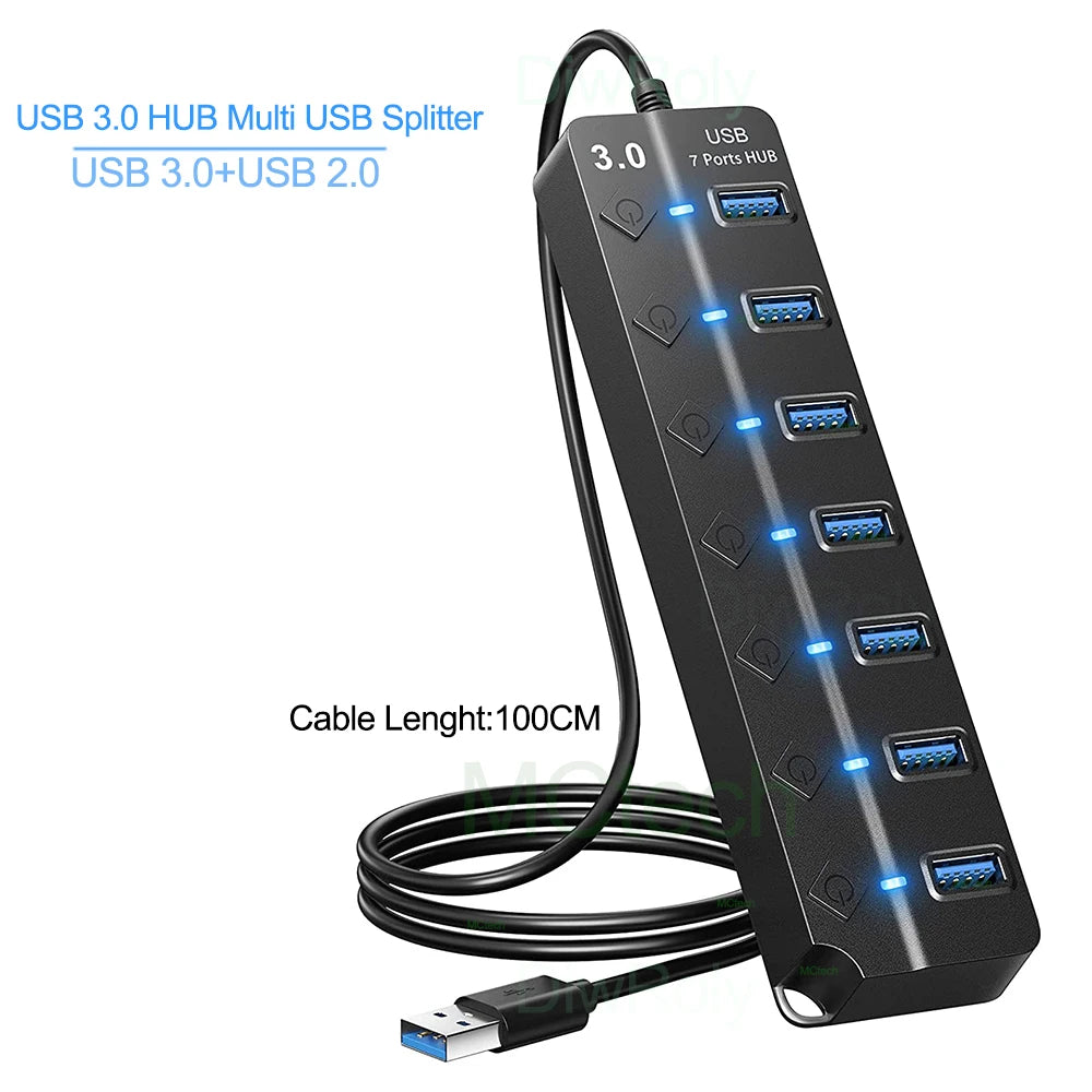 USB 3.0 hub with four ports and 100cm cable, compatible with computers and laptops, multi USB splitter for accessories.