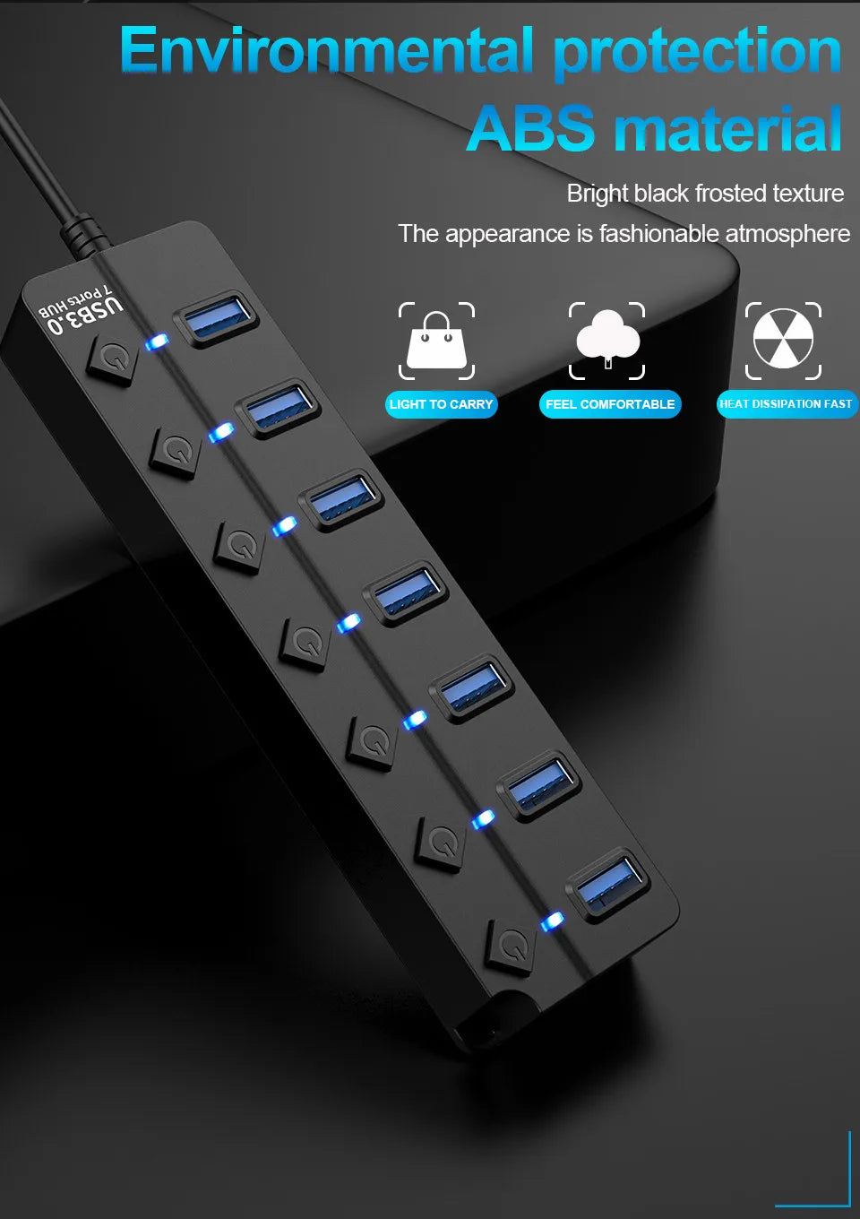 BackupMyFilesNow 4-port USB 3.0 hub with 100cm cable, multi USB splitter for computers, laptops, and PC accessories.