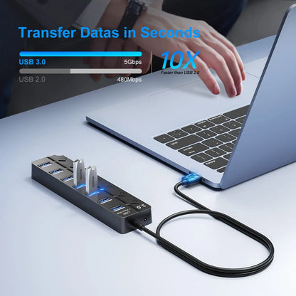 BackupMyFilesNow 4-port USB 3.0 hub with 100cm cable, multi USB splitter for computers, laptops, and PC accessories.