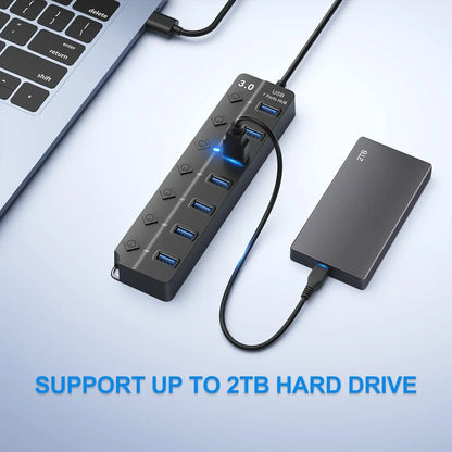 BackupMyFilesNow.com 4-port USB 3.0 hub with 2.0 support, 100cm long cable, ideal for expanding computer and laptop USB connections.