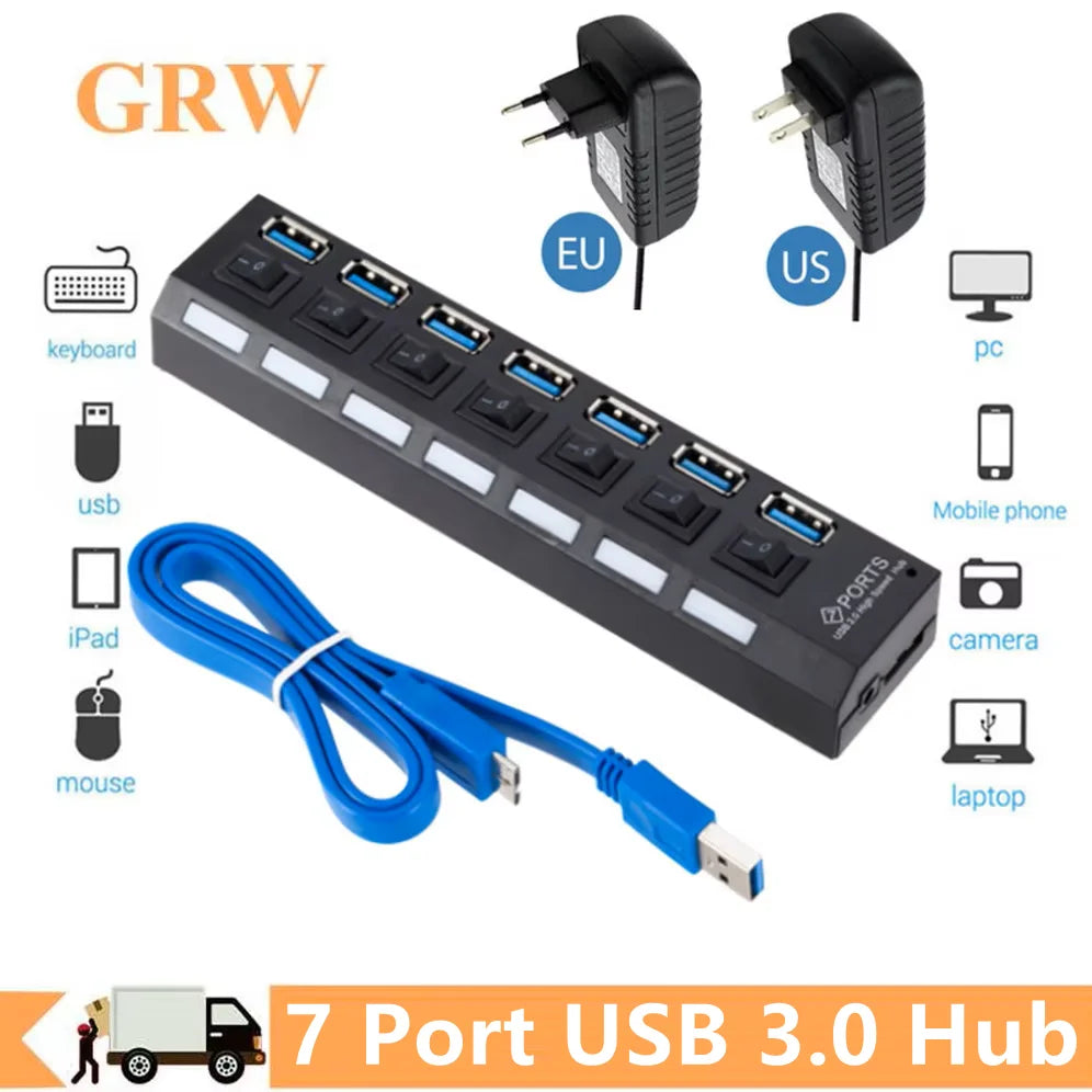 BackupMyFilesNow 4-port USB 3.0 hub splitter with power adapter, connecting multiple USB devices to a PC.