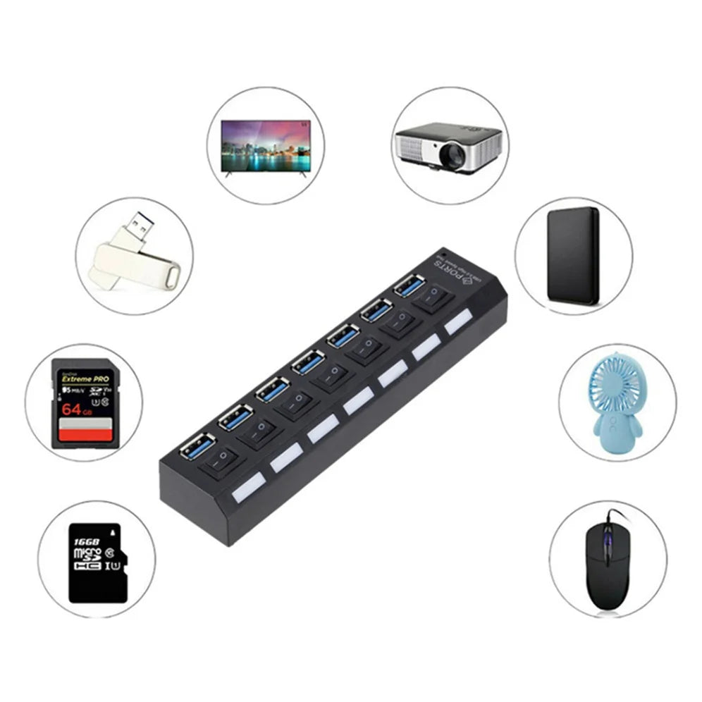 BackupMyFilesNow 4-port USB 3.0 hub with power adapter, multiple USB splitter for PC computer accessories and data transfer.