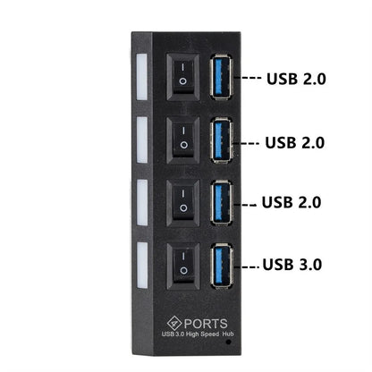 BackupMyFilesNow 4-port USB 3.0 hub splitter with power adapter, multiple USB ports for PC connectivity and device expansion.
