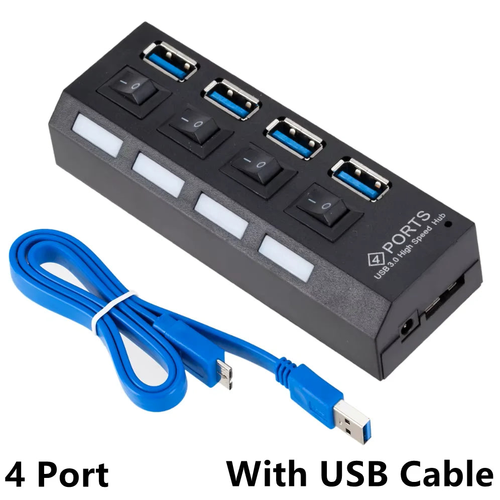 BackupMyFilesNow 4-port USB 3.0 hub with power adapter, featuring multiple USB splitter ports for PC computer accessories.