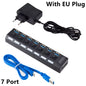 BackupMyFilesNow USB 3.0 hub with 4 or 7 ports and power adapter, connected to a computer, showing multiple USB devices.
