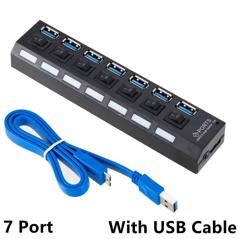 BackupMyFilesNow 4-port USB 3.0 hub splitter with power adapter, connecting multiple USB devices to PC.