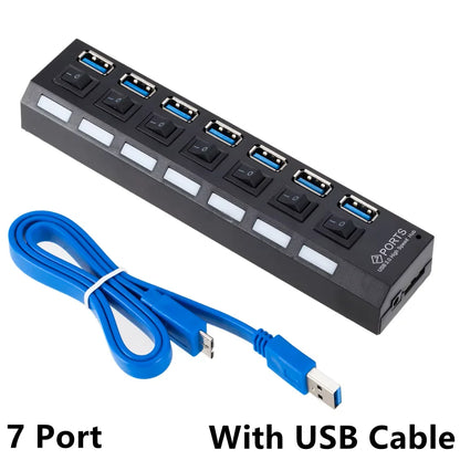 BackupMyFilesNow 4-port USB 3.0 hub splitter with power adapter, connecting multiple USB devices to PC.