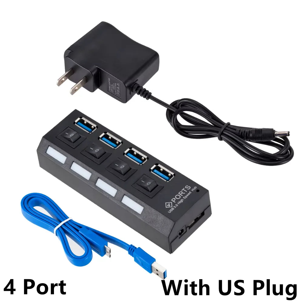 BackupMyFilesNow 4-port USB 3.0 hub splitter with power adapter, showing multiple USB connections and compact design for PC accessories.