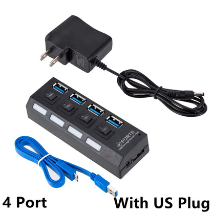 BackupMyFilesNow 4-port USB 3.0 hub splitter with power adapter, showing multiple USB connections and compact design for PC accessories.