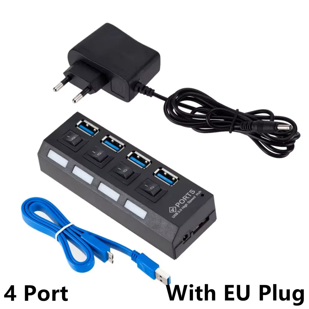 BackupMyFilesNow 4-port USB 3.0 hub splitter with power adapter, showing multiple USB ports for PC connectivity.