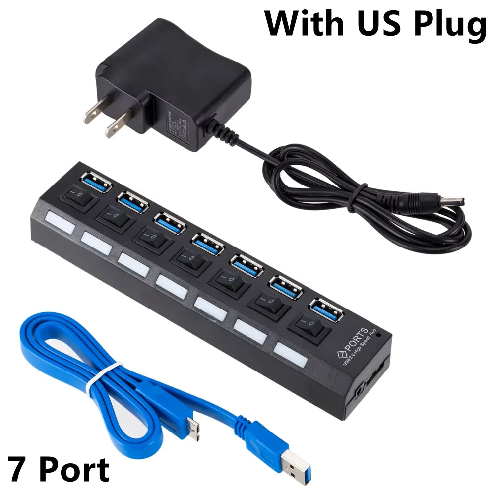 BackupMyFilesNow 4-port USB 3.0 hub splitter with power adapter, showing multiple USB ports connected to a computer.