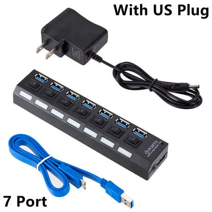 BackupMyFilesNow 4-port USB 3.0 hub splitter with power adapter, showing multiple USB ports connected to a computer.