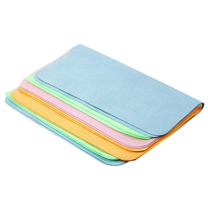 Set of 5 soft chamois glasses cleaner cloths by BACKUPMYFILESNOW.COM for cleaning lenses, eyeglasses, and camera lenses.