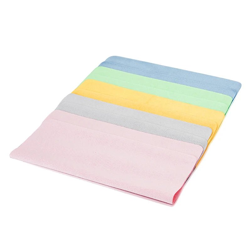 Set of 5 soft chamois glasses cleaner cloths by BACKUPMYFILESNOW.COM® for cleaning eyeglasses, lenses, and camera equipment.