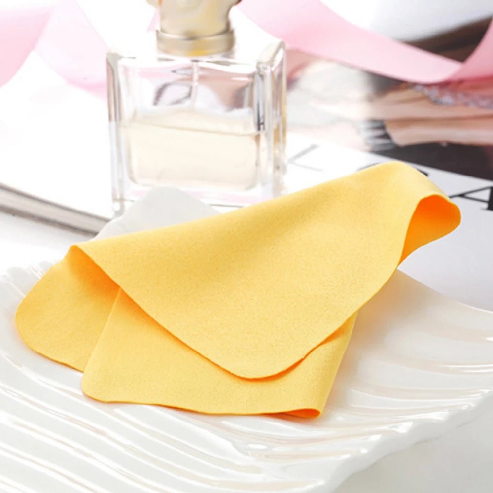 Set of 5 soft chamois eyeglasses cleaner cloths by BACKUPMYFILESNOW.COM®, gentle fiber for cleaning lenses and camera optics.