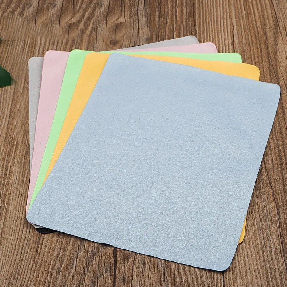 Set of 5 soft chamois glasses cleaner cloths from BACKUPMYFILESNOW.COM®, fine fiber for cleaning eyeglasses and camera lenses.