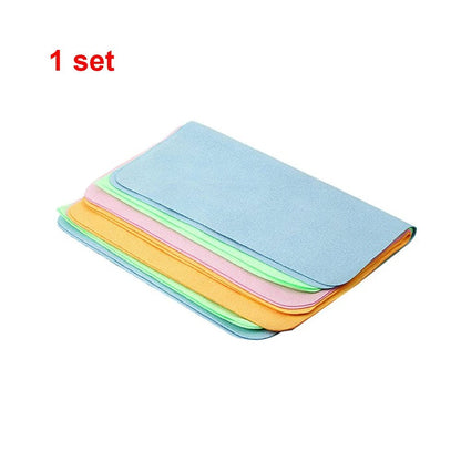 Set of 5 soft chamois glasses cleaner cloths from BACKUPMYFILESNOW.COM® for lens and camera cleaning, made of fine fiber for gentle cleaning.