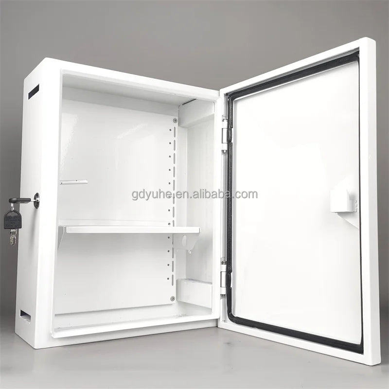 Galvanized steel IP65 weatherproof outdoor distribution box with fan, industrial enclosure for network applications, IK10 rated.