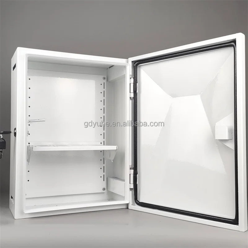 Galvanized steel IP65 weatherproof distribution box with fan for outdoor industrial network enclosure, IK10 rated.
