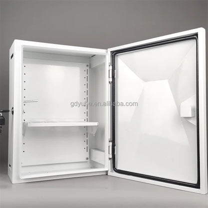 Galvanized steel IP65 weatherproof distribution box with fan for outdoor industrial network enclosure, IK10 rated.