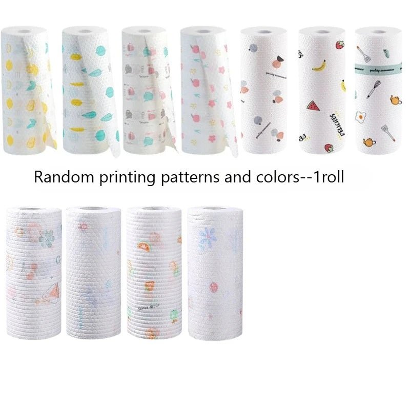 Thick cotton kitchen paper towel roll with playful design, washable and highly absorbent for cleaning and kitchen use.
