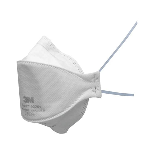 3M Aura 9320+ FFP2 disposable dust mask showing the mask's ergonomic design and adjustable nose clip for respiratory protection.